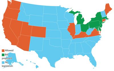 Map of the U.S. showing where mental health days are allowed for kids