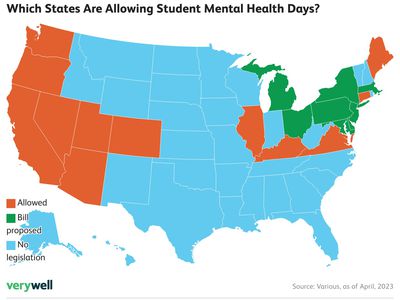 Map of the U.S. showing where mental health days are allowed for kids