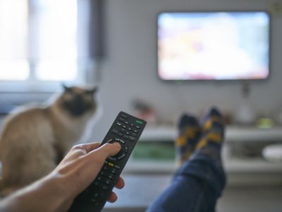 Hand of man pointing remote control at working television screen