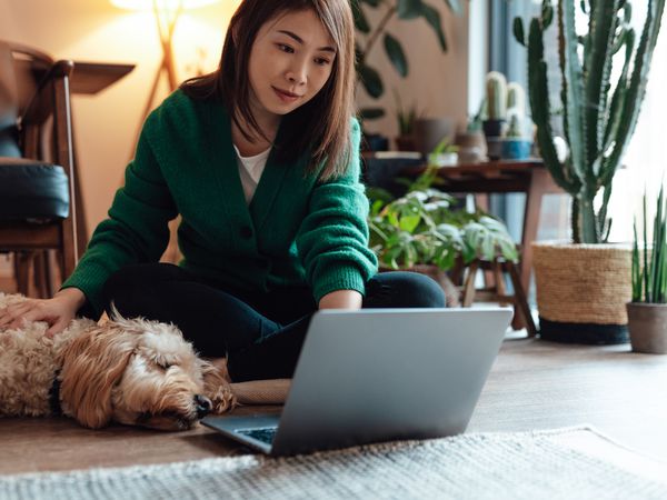 Young woman patting her dog while working from home with laptop. Work life balance. Wellbeing and mental wellness concept. Remote working.