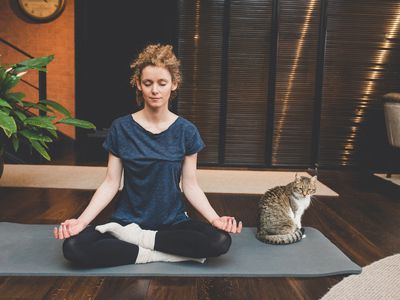 Woman meditating beside a cat.