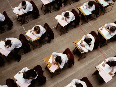 overhead view of students taking test