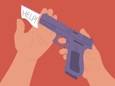 drawing of person holding a gun with "help" flag coming out of it