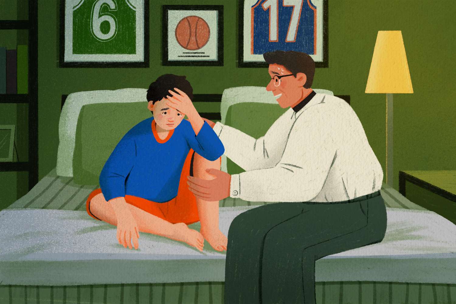 drawing of man trying to comfort his son who is crying in his bedroom