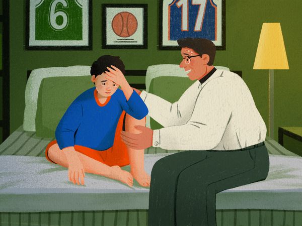 drawing of man trying to comfort his son who is crying in his bedroom