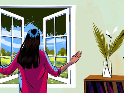 illustration of woman in pink shirt looking out the window