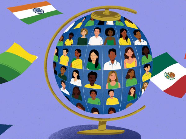 Globe of people of different nationalities and different country flags floating around it