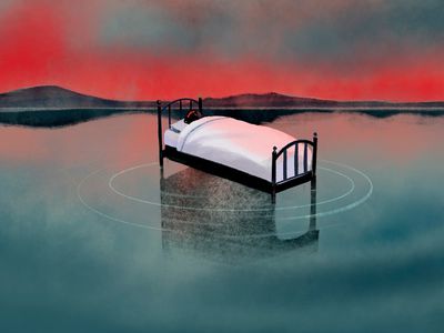 Person sleeping on a bed floating in the water with mountains in the distance