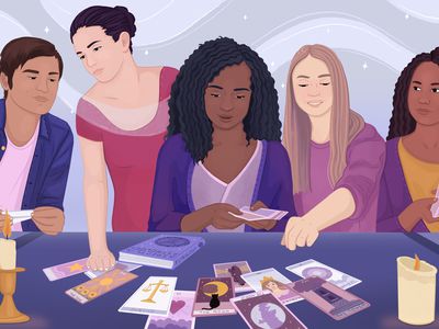 Drawing of friends gathered around a table doing a tarot reading