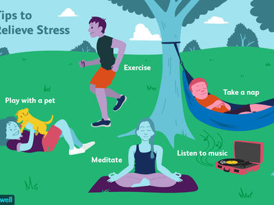 tips to relieve stress text over park scene with people exercising, taking a nap, meditating, listening to music and playing with a pet