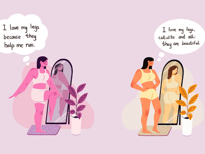 Woman standing in front of the mirror, observing their appearance in two different instances (body positivity and body neutrality).