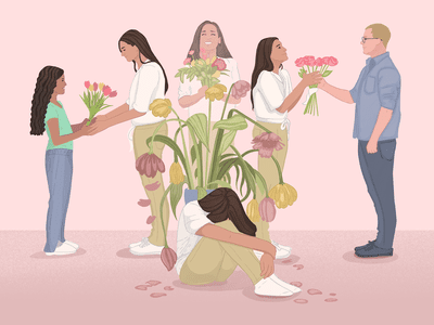 Woman giving others beautiful flowers and leaving herself with old wilted flowers in order to please everyone at her own expense